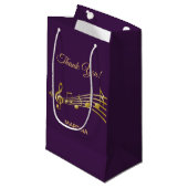 紫の背景に金ゴールドの音符を付けてありがとう スモールペーパーバッグ (正面アングル)