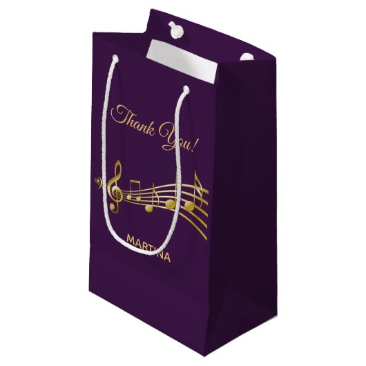 紫の背景に金ゴールドの音符を付けてありがとう スモールペーパーバッグ (正面アングル)