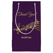紫の背景に金ゴールドの音符を付けてありがとう スモールペーパーバッグ (正面)