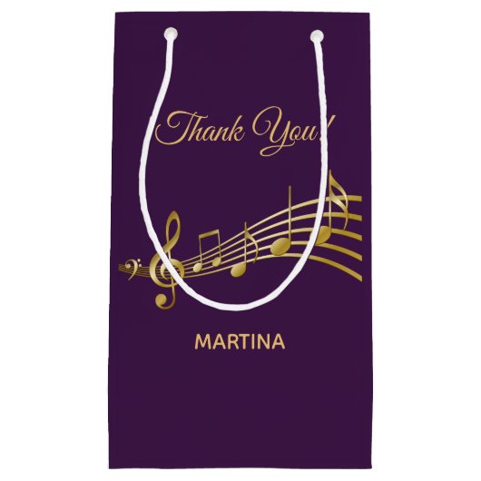 紫の背景に金ゴールドの音符を付けてありがとう スモールペーパーバッグ (正面)