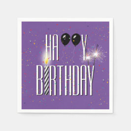 紫の背景に黒の誕生日風船とスパークラー スタンダードカクテルナプキン