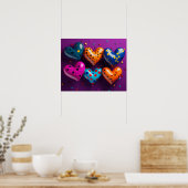 紫の背景に6つの3Dハート ポスター (キッチン)