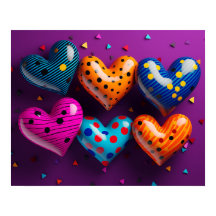 紫の背景に6つの3Dハート