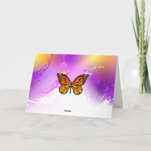 紫の背景のモナーク蝶 サンキューカード (裏面)
