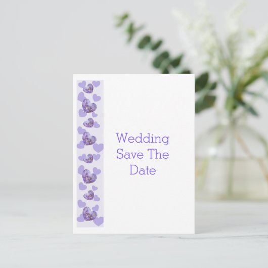 紫の色のフローラハート結婚式の日付を保存 案内ポストカード (スタンド正面)