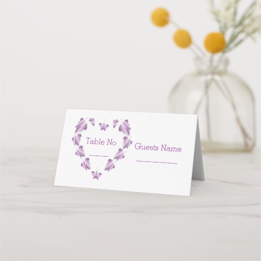 紫の色の蝶デザイン結婚ズ プレイスカード (正面)