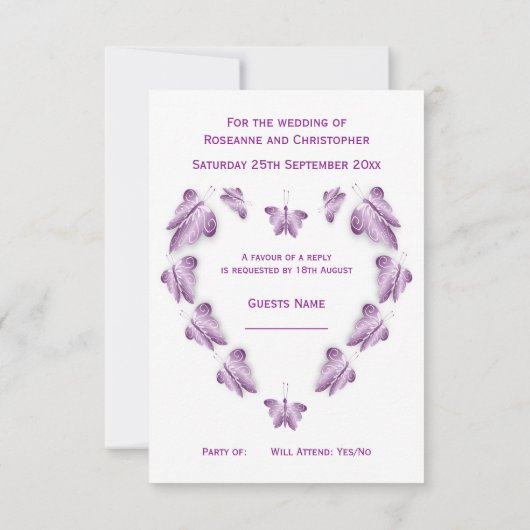 紫の色の蝶デザイン結婚ズ 出欠カード (裏面)