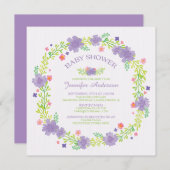 紫の花かわいらしリース女の子ベビーシャワー 招待状 (正面/裏面)