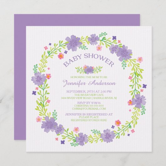 紫の花かわいらしリース女の子ベビーシャワー 招待状 (正面/裏面)