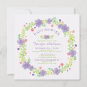 紫の花かわいらしリース女の子ベビーシャワー 招待状 (正面)
