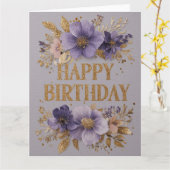 紫の花とキラキラでお誕生日おめでとう カード (黄色い花)