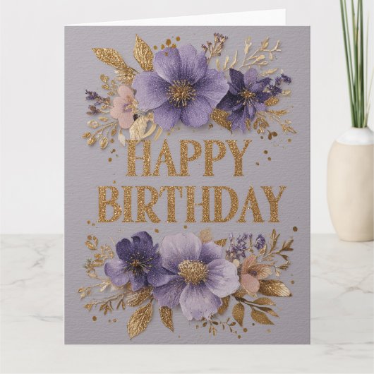 紫の花とキラキラでお誕生日おめでとう カード (正面)