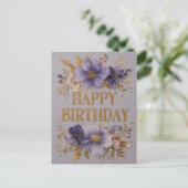 紫の花とキラキラでお誕生日おめでとう ポストカード (スタンド正面)