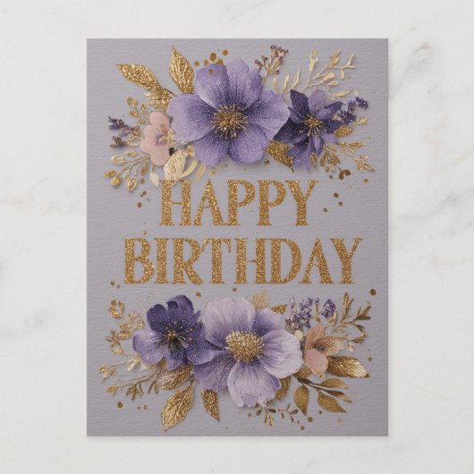 紫の花とキラキラでお誕生日おめでとう ポストカード (正面)