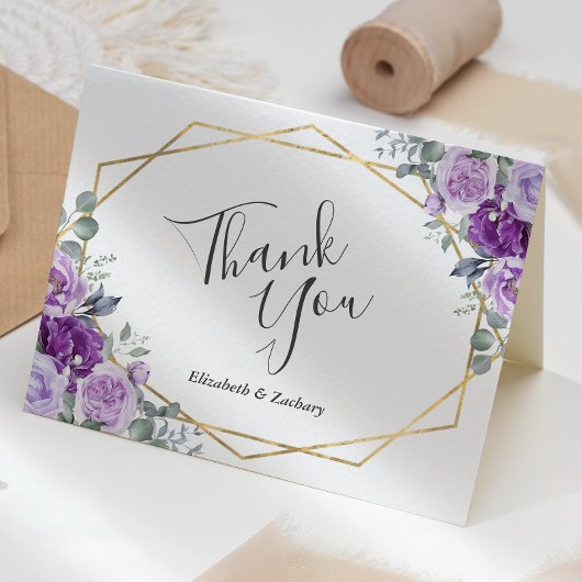紫の花とゴールドフレームの白い結婚式 サンキューカード