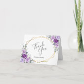 紫の花とゴールドフレームの白い結婚式 サンキューカード (正面)