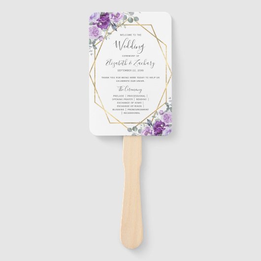 紫の花とゴールドフレームの結婚式プログラム ハンドファン (正面)