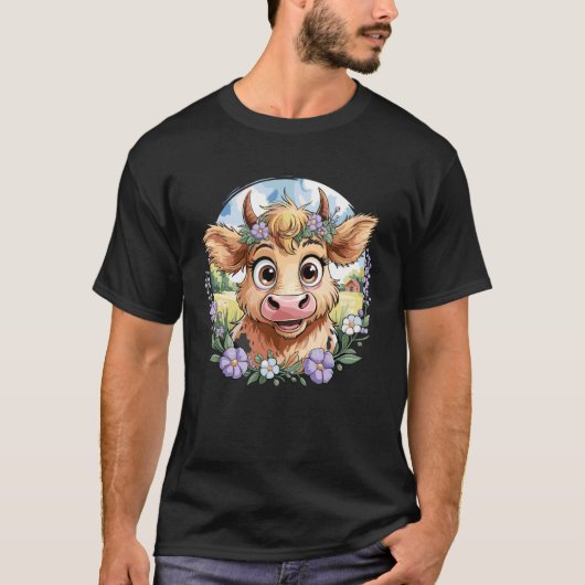 紫の花とハイランドの子牛 スコットランドの農場 Tシャツ (正面)