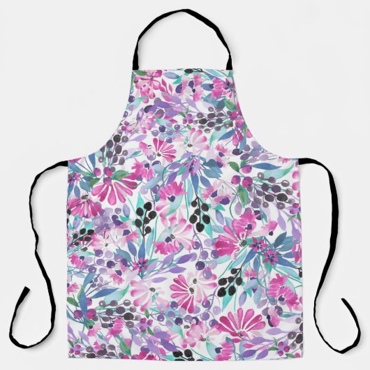 紫の花とベリー、ブルーのシームレスな模様 エプロン (正面)