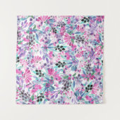 紫の花とベリー、ブルーのシームレスな模様 タペストリー (正面(横))