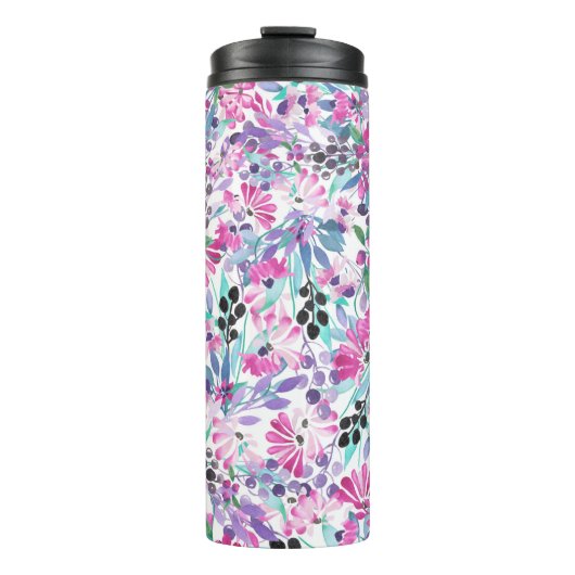 紫の花とベリー、ブルーのシームレスな模様 タンブラー (正面)