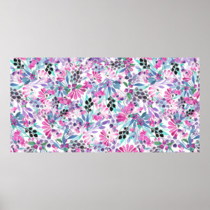 紫の花とベリー、ブルーのシームレスな模様 ポスター