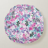 紫の花とベリー、ブルーのシームレスな模様 ラウンドクッション (正面)