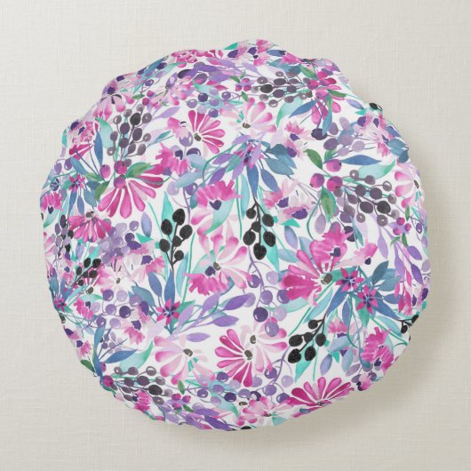 紫の花とベリー、ブルーのシームレスな模様 ラウンドクッション (裏面)