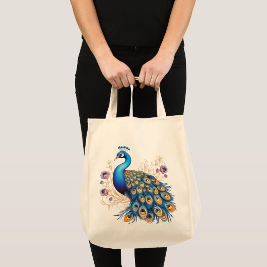 紫の花と孔雀 トートバッグ (正面(商品))