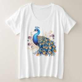 紫の花と孔雀 プラスサイズTシャツ