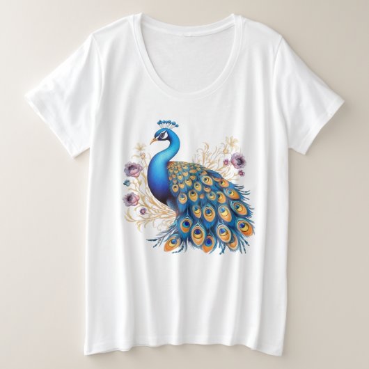 紫の花と孔雀 プラスサイズTシャツ (デザイン正面)