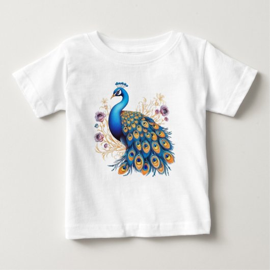 紫の花と孔雀 ベビーTシャツ (正面)