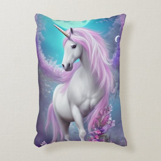 紫の花と月を持つ白いユニコーン アクセントクッション (正面(垂直))