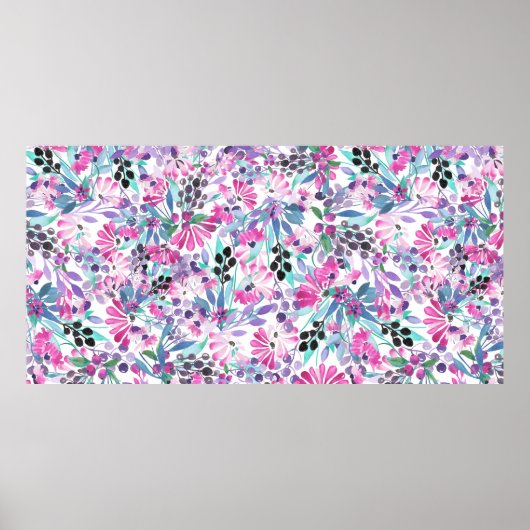 紫の花と果実のシームレスなパターン、blu ポスター (正面)