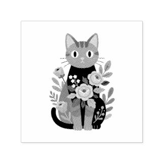 紫の花と猫のイラスト セルフインキングスタンプ
