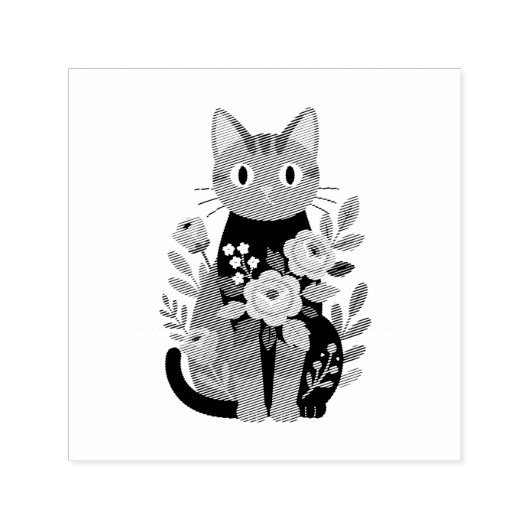 紫の花と猫のイラスト  セルフインキングスタンプ (デザイン)