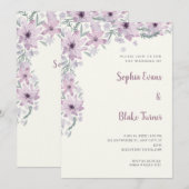 紫の花と白いクリーム色のロマンティックな結婚式 招待状 (正面/裏面)