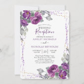 紫の花と紙吹雪の結婚式の披露宴のみ 招待状 (正面)