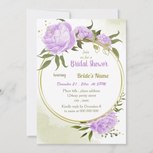 紫の花と緑のリース ブライダルシャワー 招待状 (正面)