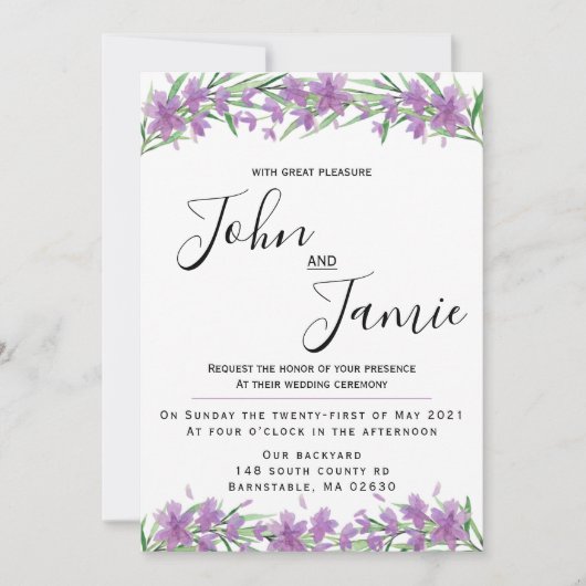 紫の花と緑の結婚式招待状  招待状 (正面)