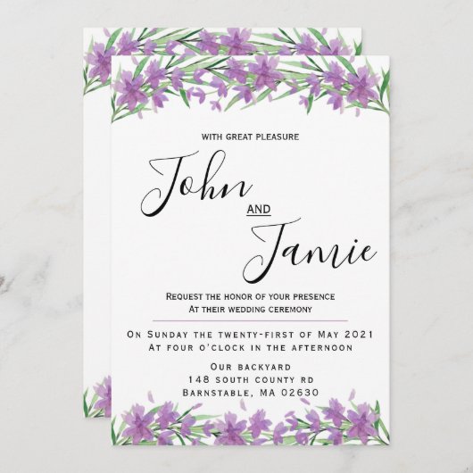 紫の花と緑の結婚式招待状 招待状 (正面/裏面)