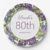紫の花と緑の葉とツタの80歳の誕生日 ペーパープレート (正面)
