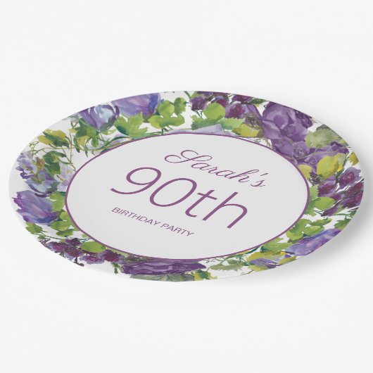 紫の花と緑の葉とツタの90歳の誕生日 ペーパープレート (アングル)