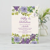 紫の花と緑の葉の50歳の誕生日おめでとう 招待状 (スタンド正面)