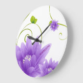 紫の花と緑の葉花 ラージ壁時計 (傾斜)