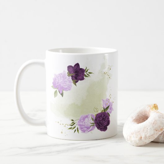 紫の花と緑の葉 コーヒーマグカップ (ドーナツ)