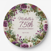 紫の花と緑の葉 75歳の誕生日 ペーパープレート (正面)