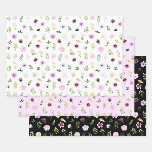 紫の花と葉の模様 ラッピングペーパーシート (セット)