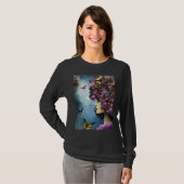 紫の花と蝶々のある女性の横顔 Tシャツ (正面フル)