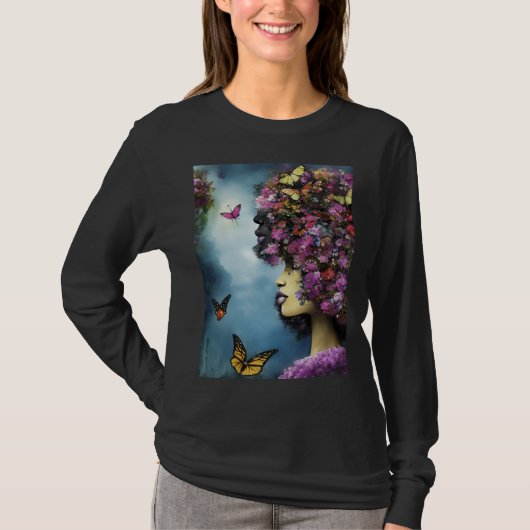 紫の花と蝶々のある女性の横顔 Tシャツ (正面)